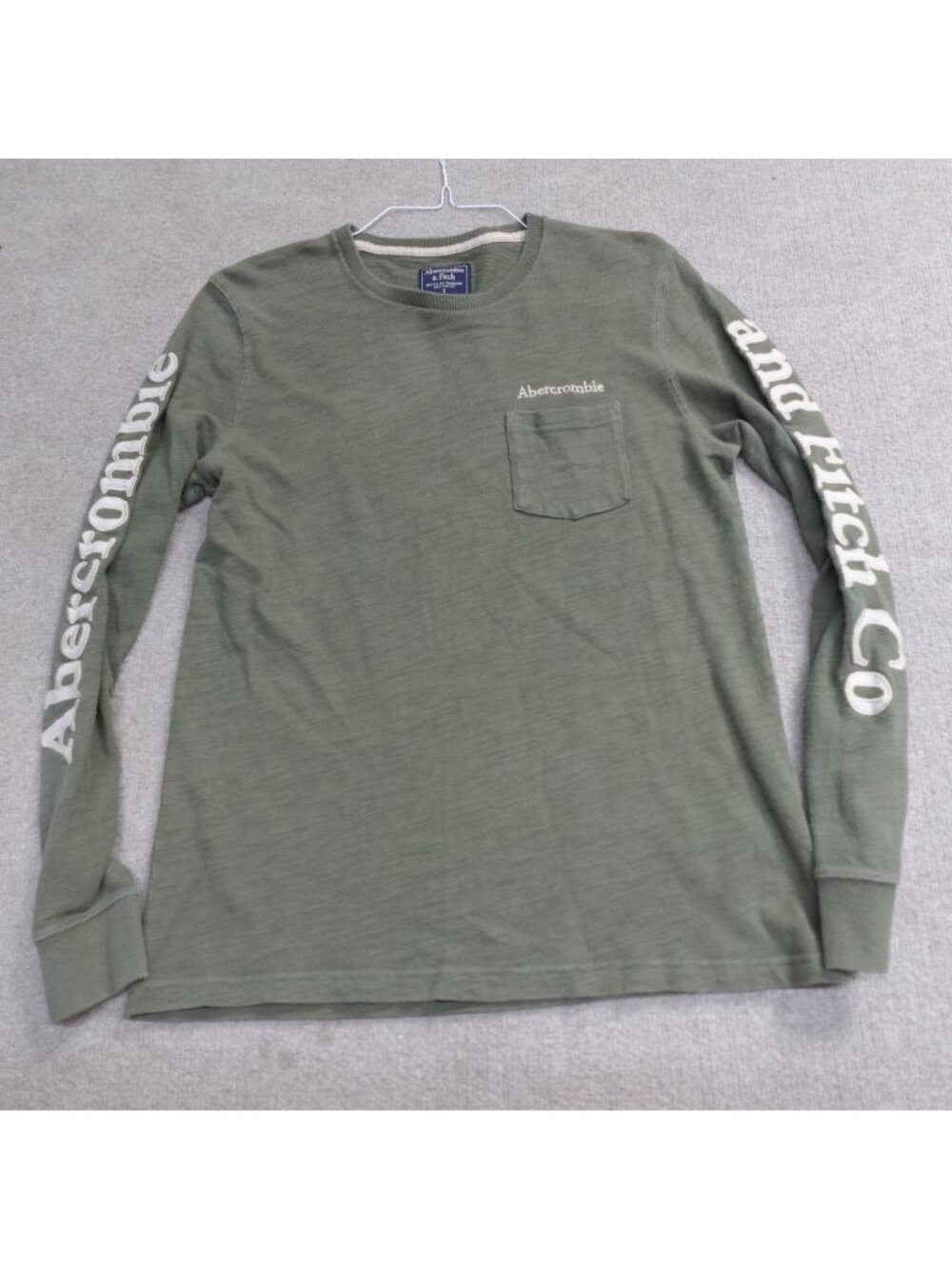 Abercrombie & Fitch Shirt Small Green Long Sleeve Embroidered Spellout Pocket
